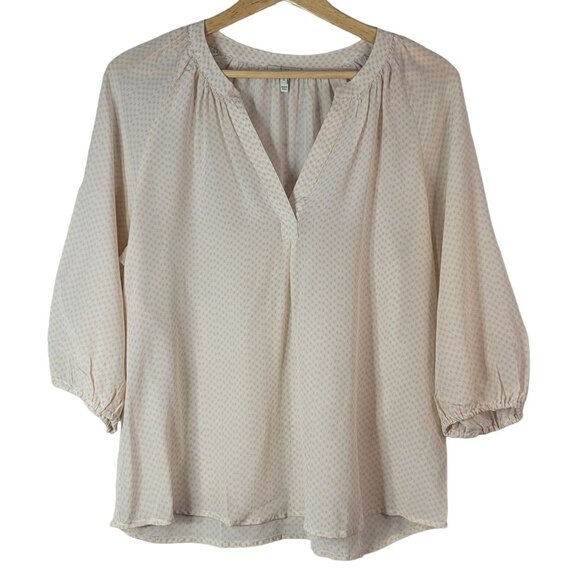 Joie Addie B Top Pink Tan Small 3/4 Sleeve Elastic Cuff V Neck Check Print Silk - Picture 1 of 6